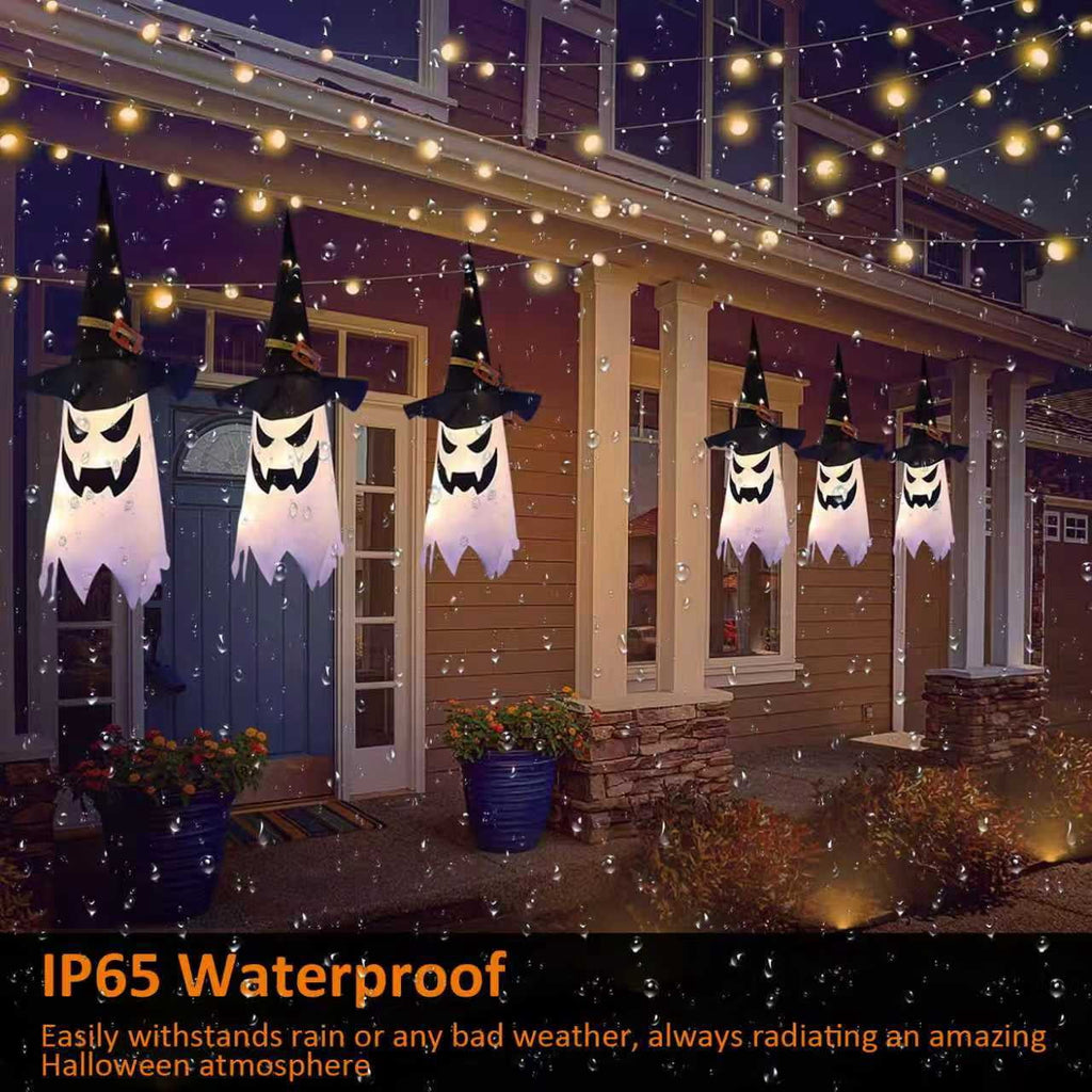 PMMIPNW Halloween Decorations Outdoor, Hanging Lighted Glowing Ghost Witch Hat 5PCS, Halloween Light for Halloween Party Yard Tree Garden