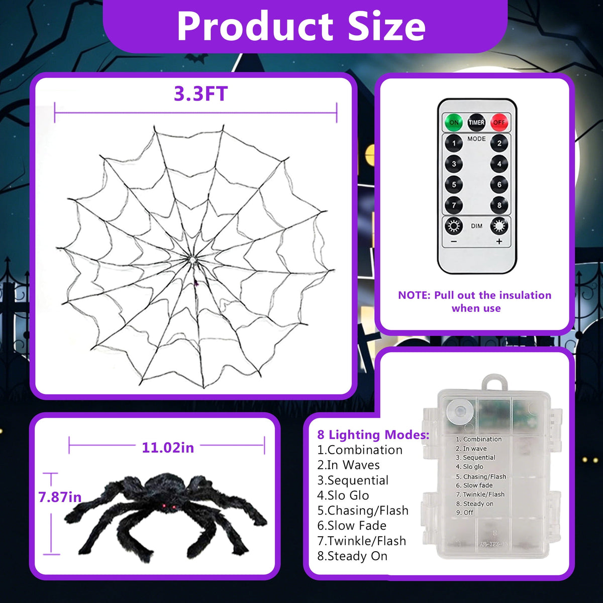 VOLIVO Halloween Spider Web Lights, 4FT Diameter 8 Modes Net Lights with Black Spider, Remote Control Waterproof for Indoor Outdoor (Purple)