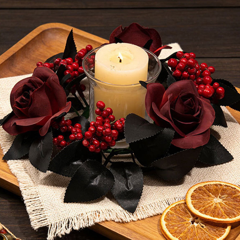 Fall Candle Ring,Artificial Maple Leaves Pumpkins Decorative Wreaths,Berry Wreath for Pillar Candle Holder,Candle Ring for Halloween Centerpieces and Farmhouse Table Decor,7.48 inch(Pink)