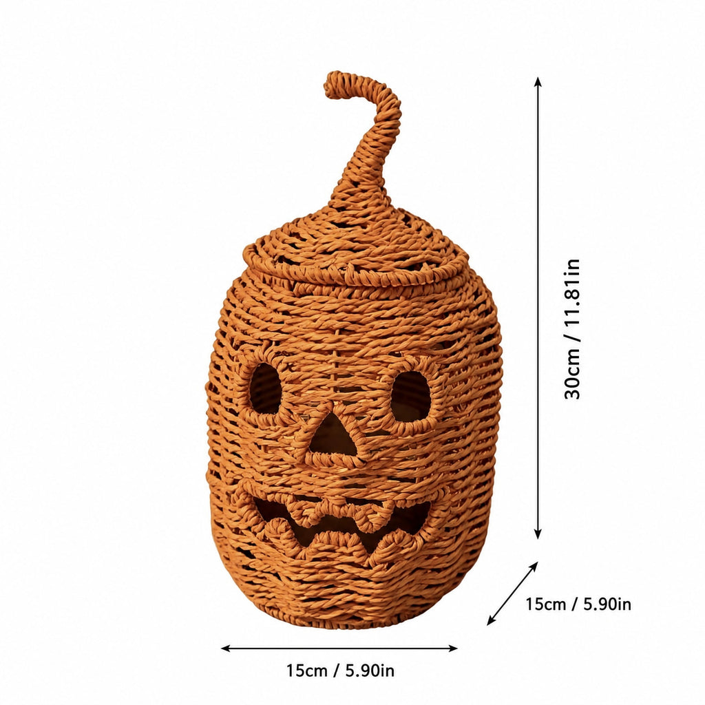 Aximioll Halloween Black Woven Jack-O-Lantern Pumpkin Decor, Hand Woven Rattan Wicker Style Statue, Trick or Treat Candy Bowl Lantern for Porch Entryway Fireplace Mantel Table, Black, 11 Inches