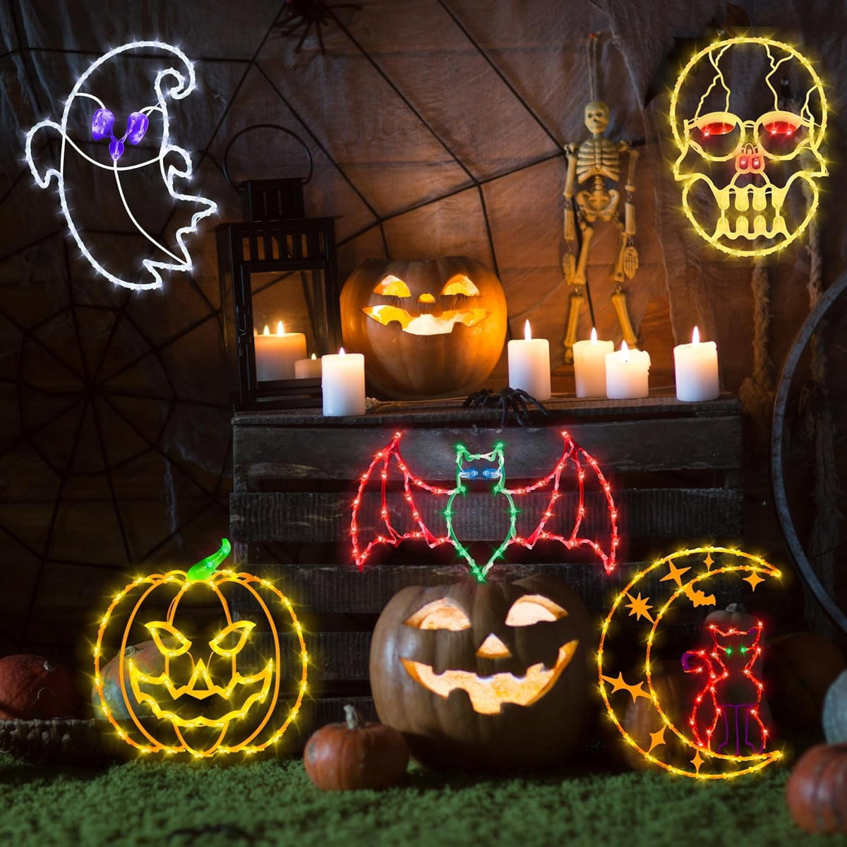 16" Halloween Window decorate Plug Light Ghost Cat on Moon Skull Head Pumpkin door decor-4 Pack Halloween Window lights