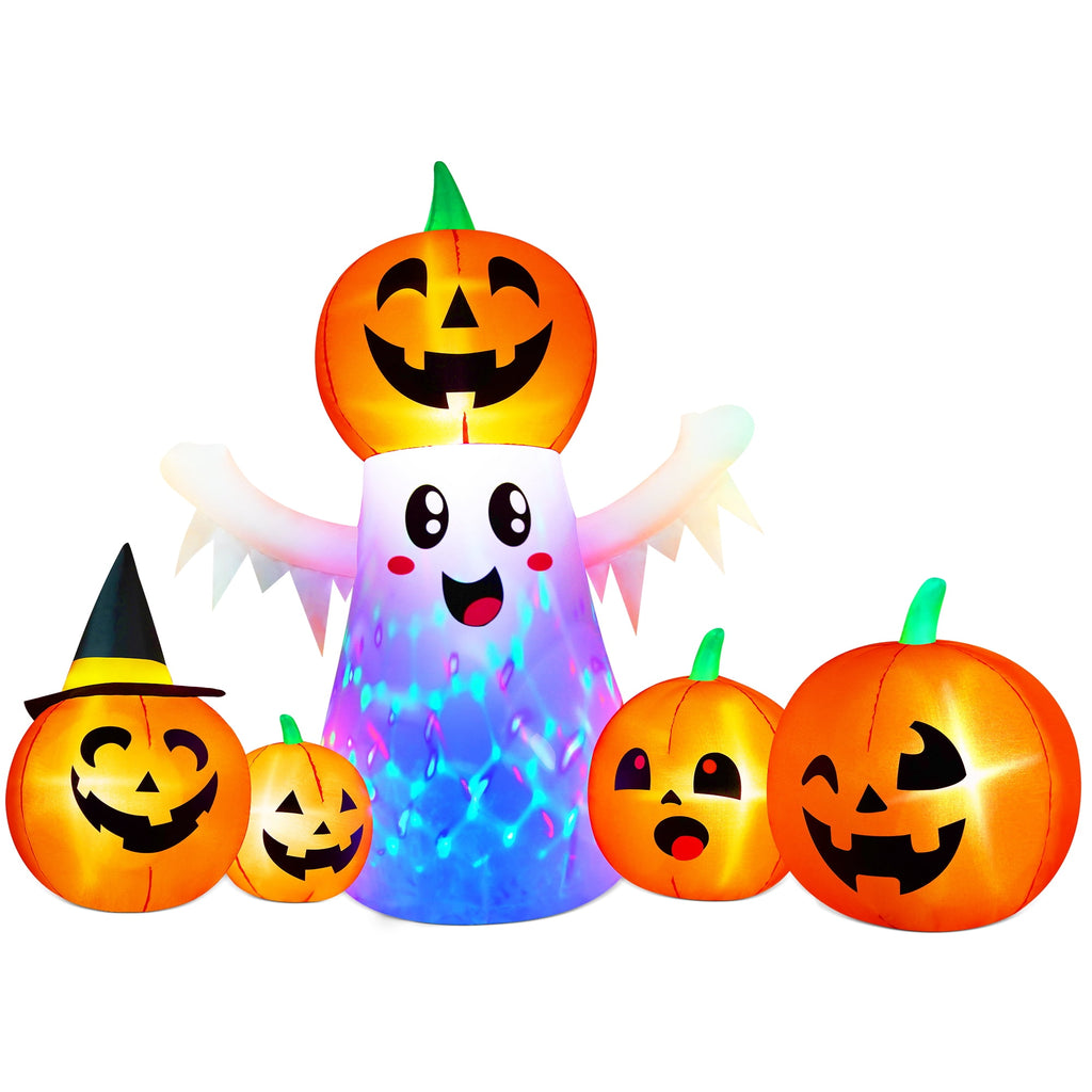 Yexmas 8FT Halloween Inflatable Decoration with Ghost, Black Cat and Pumpkins,Built-in LED Lights, Blow Up Halloween Yard Decor for Indoor/Outdoor Party,Yard, Lawn