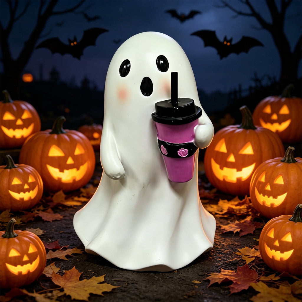 Halloween Ghost Figurine, Resin Lighted Ghost Ornament with Pumpkin Lantern & Beverage Cup, Tabletop Halloween Indoor Decor