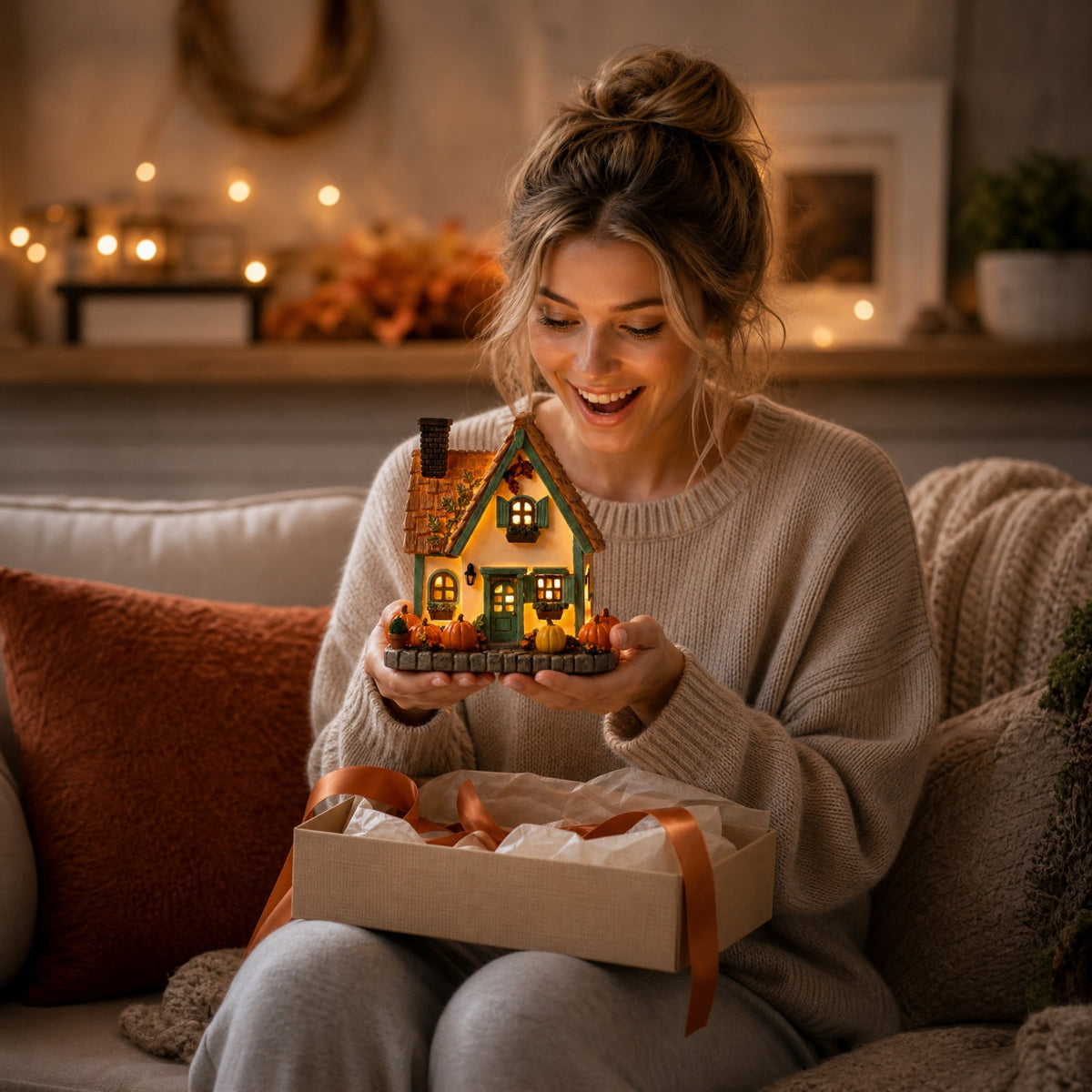 Yashow Orange Resin Halloween Pumpkin Cottage Ambient Light American Country Harvest Miniature House Decoration for Autumn Home Table Centerpiece, 7.09inch, 1-Pack