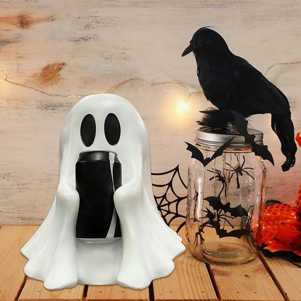 Halloween Ghost Figurine, Resin Lighted Ghost Ornament with Pumpkin Lantern & Beverage Cup, Tabletop Halloween Indoor Decor