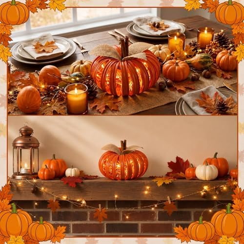 Pumpkin Table Decorations Mason Jar Lid Lighted Pumpkin Fall DIY Pumpkins Crafts Centerpieces for Thanksgiving Autumn Halloween Home Table Decor