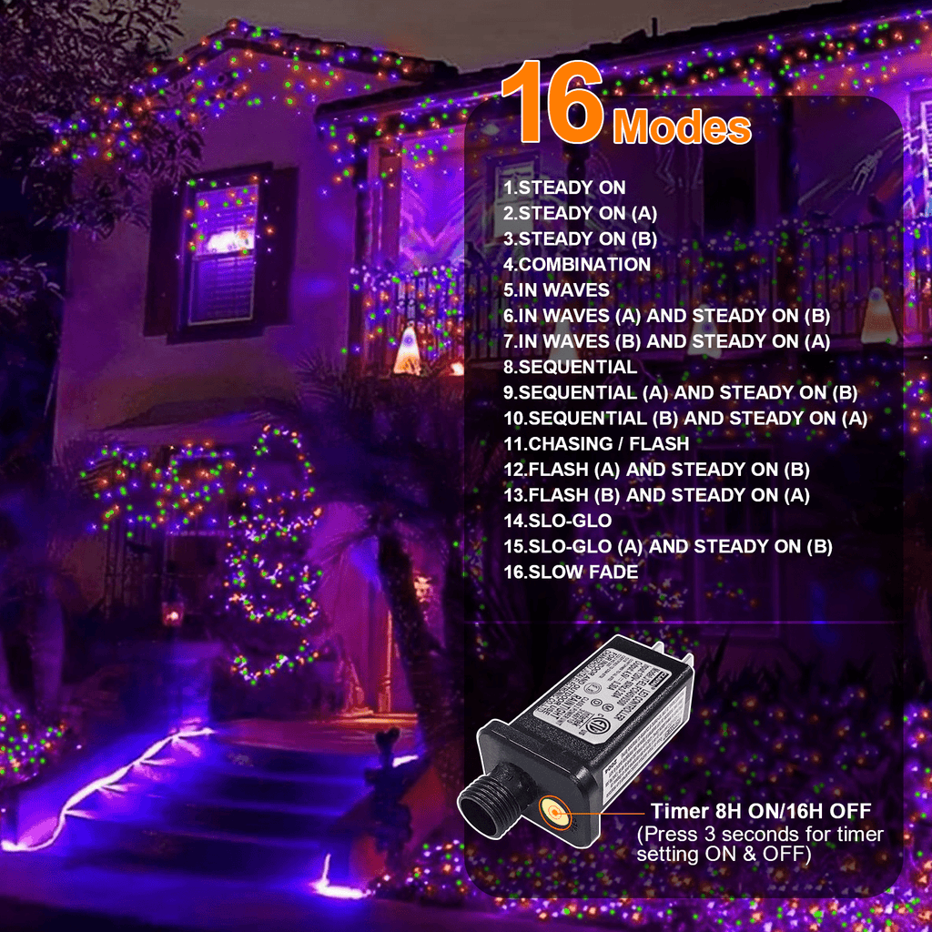 LAMPHOME Orange Purple Green Halloween String Lights Outdoor, 32.5FT 100 LED Waterproof Christmas Lights with 16 Lighting Modes for Halloween Garden Party Christmas Xmas Tree Lights Decor