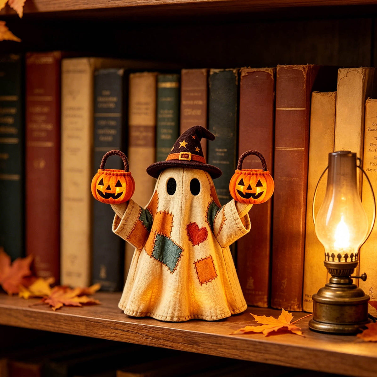 Halloween Ghost Figurine, Resin Lighted Ghost Ornament with Pumpkin Lantern & Beverage Cup, Tabletop Halloween Indoor Decor