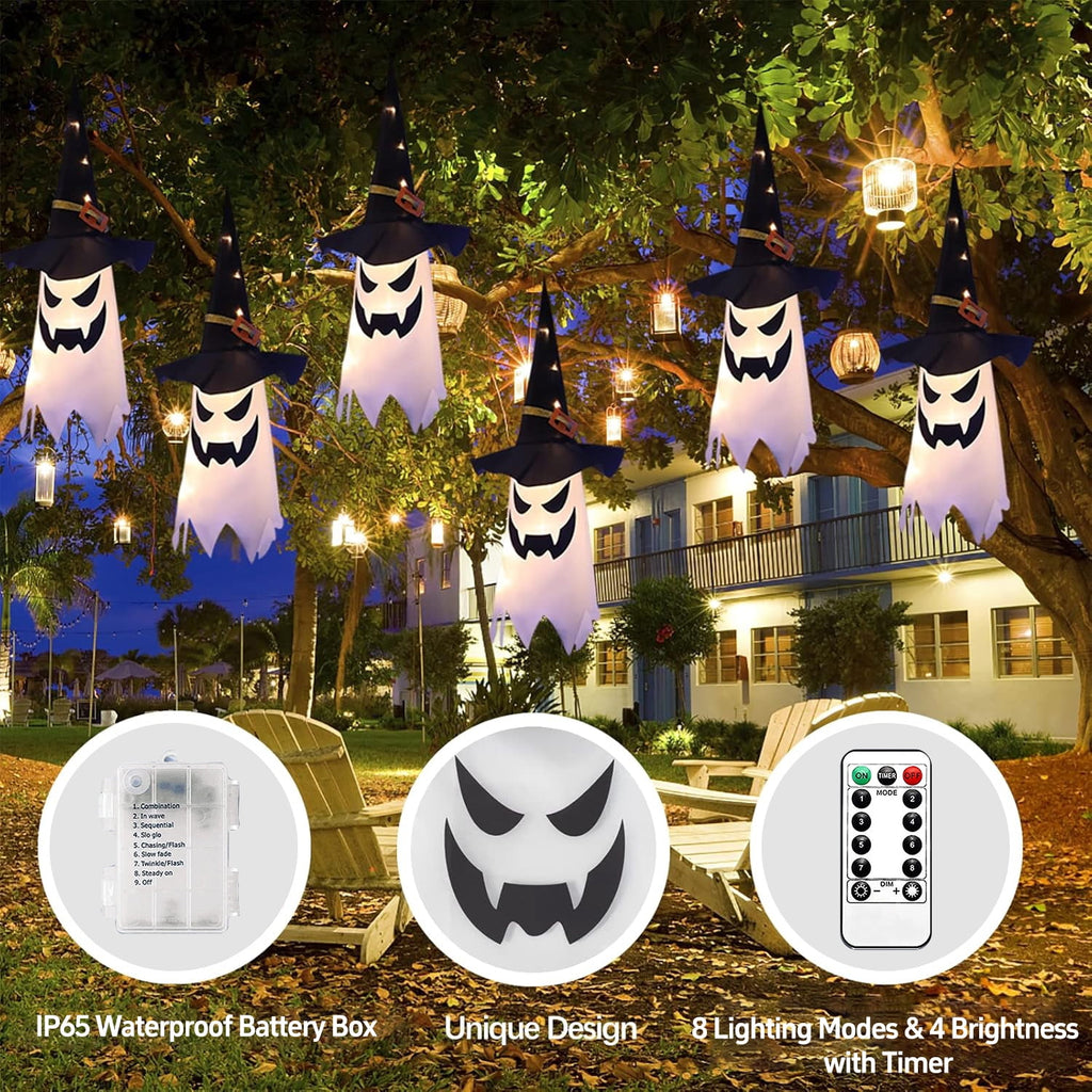 PMMIPNW Halloween Decorations Outdoor, Hanging Lighted Glowing Ghost Witch Hat 5PCS, Halloween Light for Halloween Party Yard Tree Garden