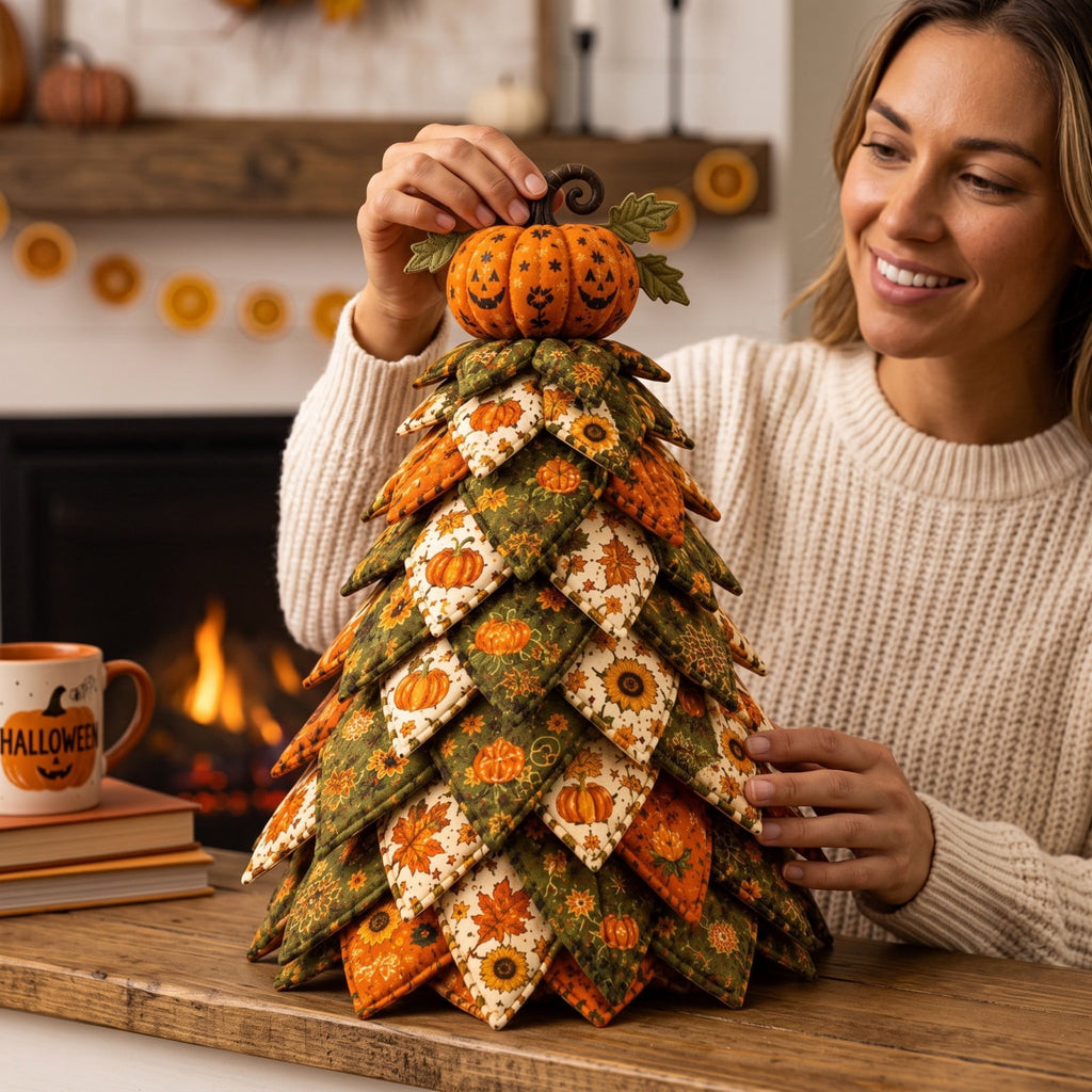 Halloween Fabric Trees - 11.8" DIY Halloween Quilted Fabric Tree Kit, Black Cat Pumpkin Witch Design, Sewing Patchwork Ghost Trees Holiday Table Mantel Decor, Handmade Gift for Craft Lovers