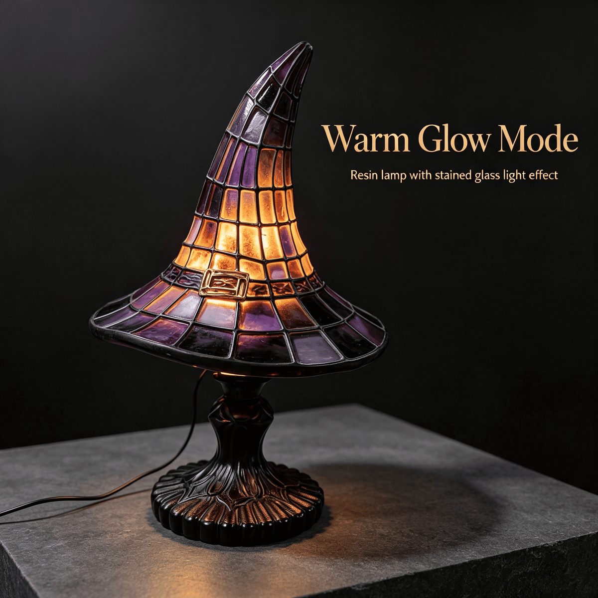 Stained Glass Witch Hat Lamp Gothic Halloween Lighting Decor, Vintage Witchy Hats Night Lights, Handcrafted Retro Resin Table Lamp for Bedroom, Living Room & Home Decor