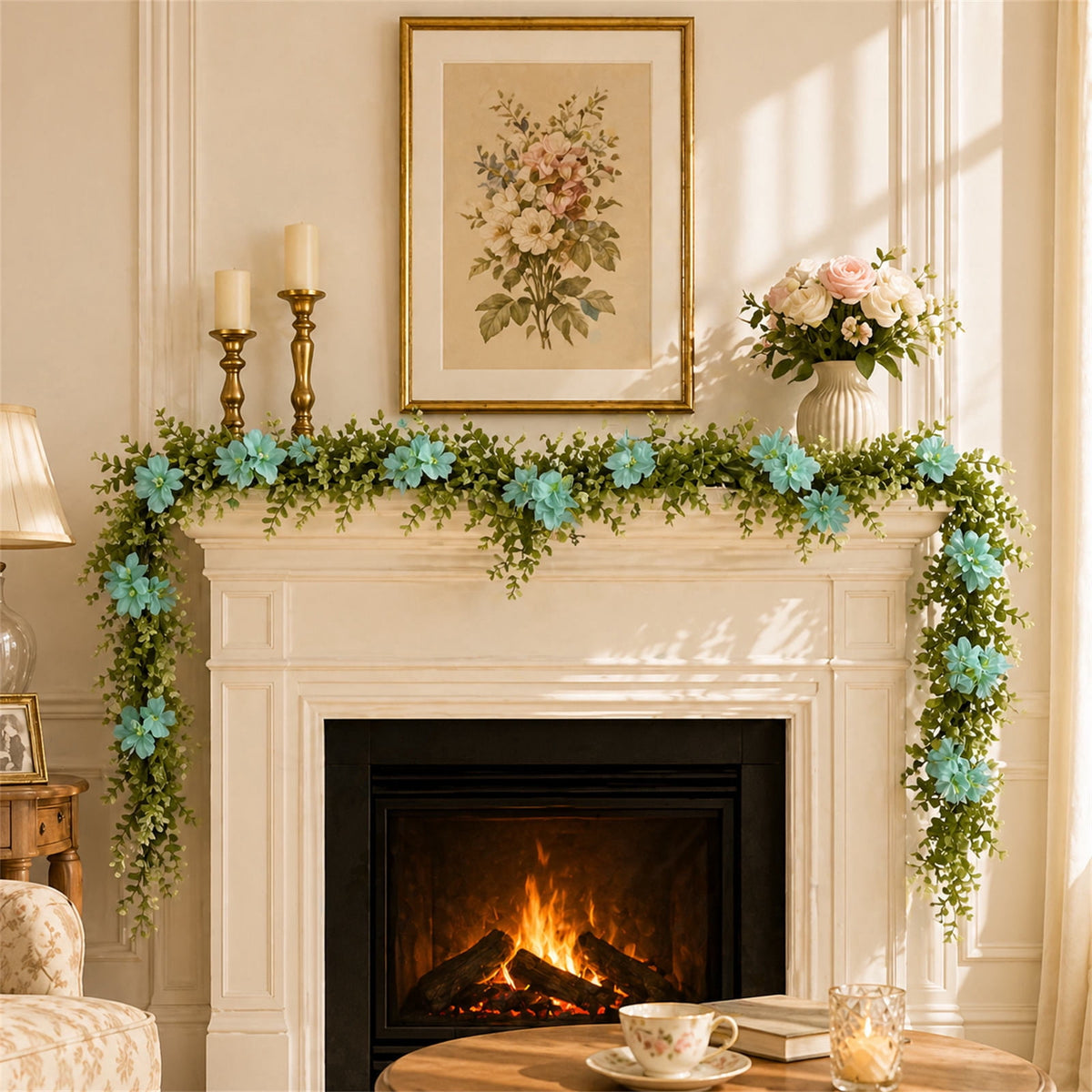 Spring Artificial Flowers Garland, 70 inch Fake Eucalyptus Vine Cherrys Blossoms Hanging Garland Rattan for Mantle Fireplace Wedding Indoor Outdoor Home Decor