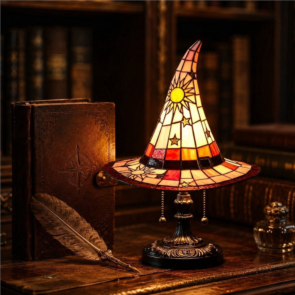 Guodhu Witch Hat Table Lamp Halloween Glowing Resin Ornament Mini Night Light for Bedroom Shelf Spooky Decor with LED(Multicolor)