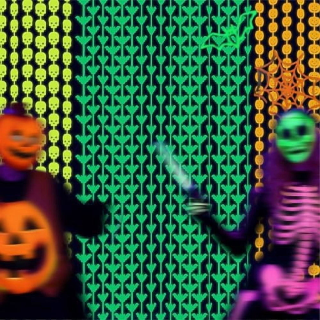 Halloween Neon Tinsel Fringe Curtains 3 Pack Pumpkin Skeleton Bat UV Party Decor