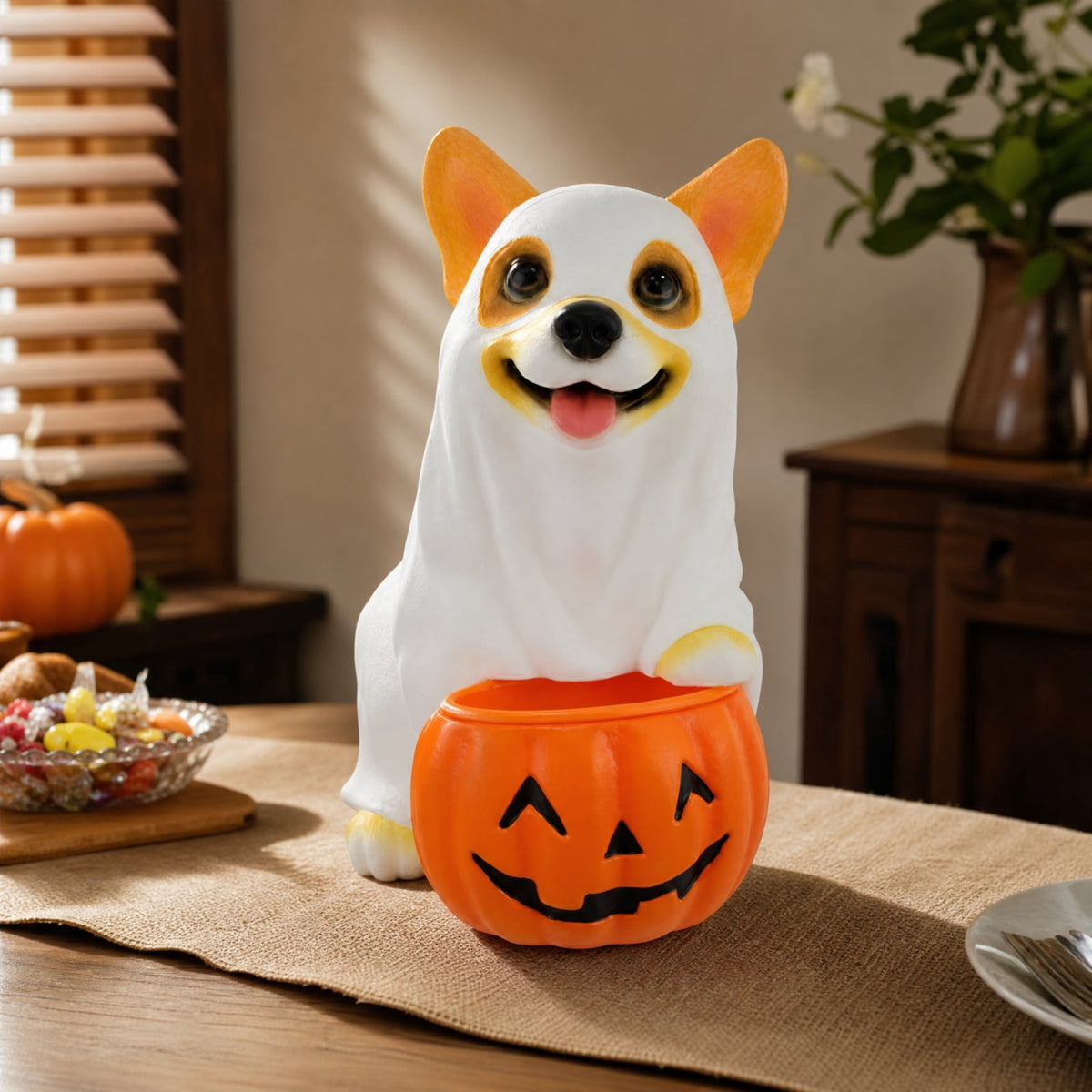 Fall Decorations for Home, 7.9in Lighted Halloween Scarecrow Dog Figurine, Resin Thanksgiving Halloween Garden Dogs Figurines for Autumn Harvest Porch Yard Garden Decor