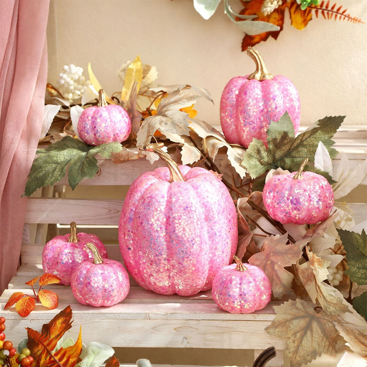 FXMLRLK Pink Velvet Pumpkins Fall Decor, 7PCS Artificial Glitter Pumpkins for Halloween Thanksgiving Day Home Centerpieces for Tables Seasonal Holiday Decor