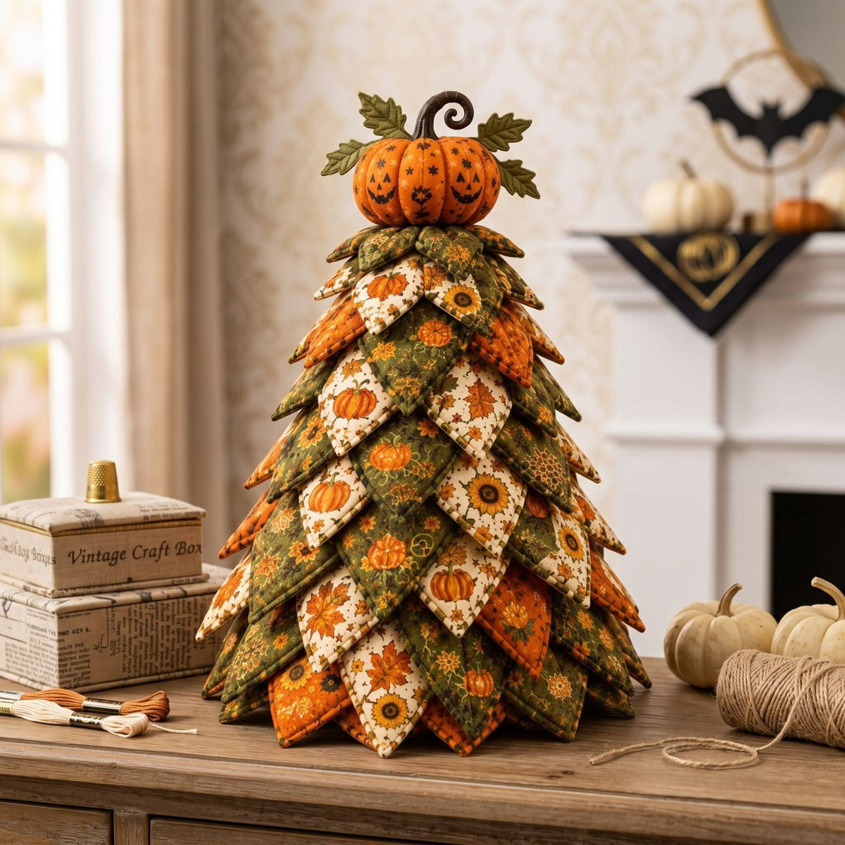 Lypsnake DIY Halloween Quilted Fabric Tree Kit, Vintage Pumpkin Sunflower Patchwork, 3D Padded Sewing Craft Project for Autumn Harvest Decor