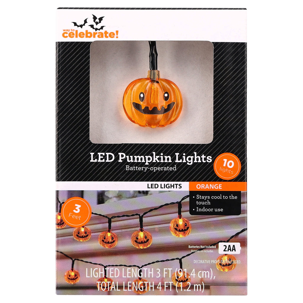 Indoor 10-Count Battery-Operated LED Pumpkin String Lights, Orange, 3', Halloween by Way To Celebrate