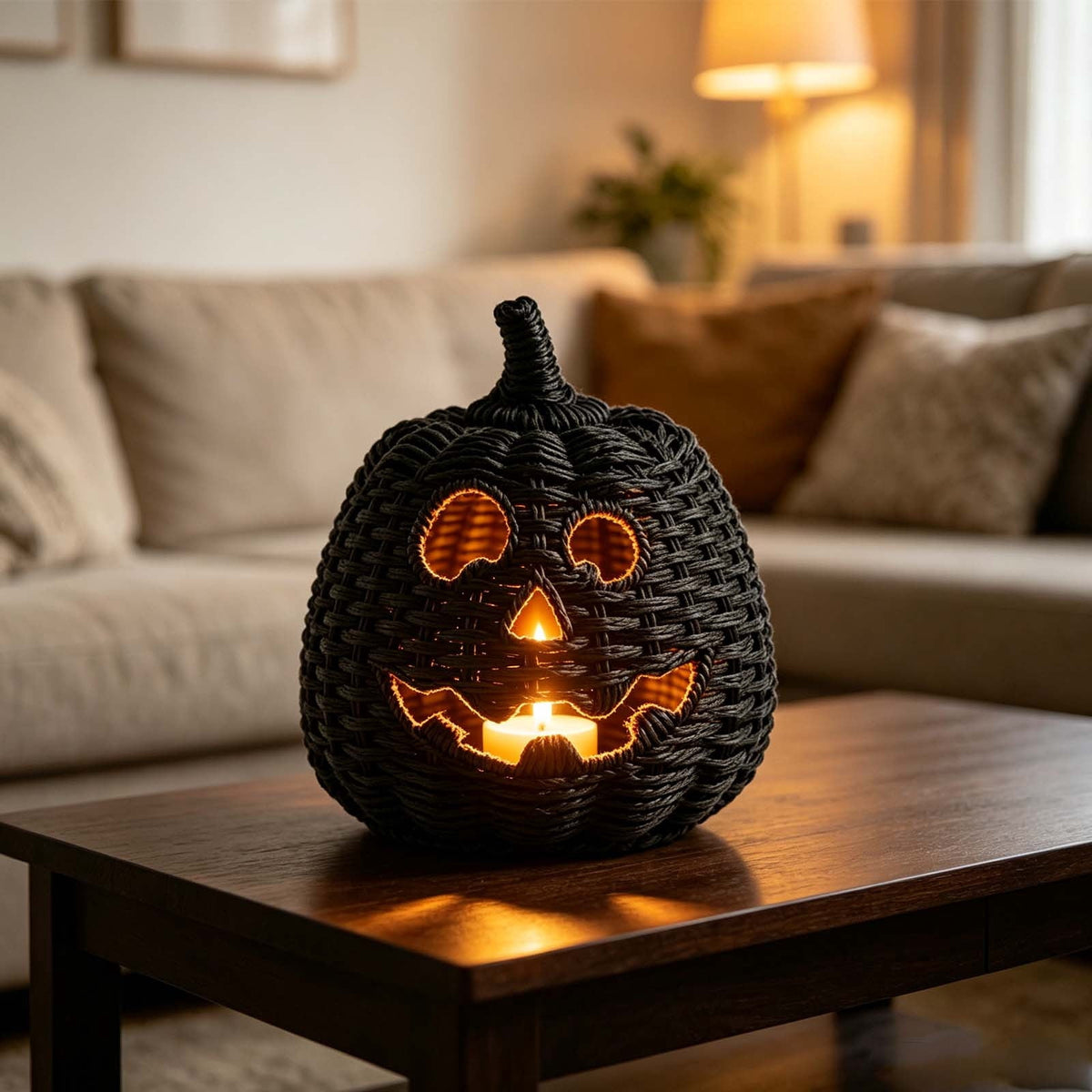 Sahpxhe Black Woven Pumpkin Basket with Lid Handmade Wicker Pumpkin Candy Baskets for Halloween Tabletop Mantel Candy Storage Decorations