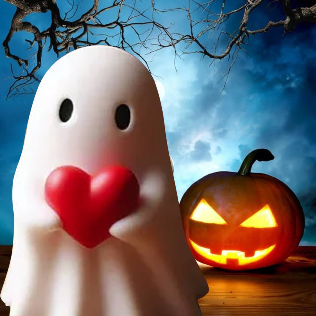 Halloween Ghost Figurine, Resin Lighted Ghost Ornament with Pumpkin Lantern & Beverage Cup, Tabletop Halloween Indoor Decor