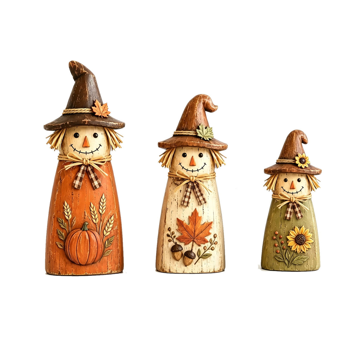 Set of 3 Vintage Distressed Wooden Scarecrow Figurines,Fall Harvest Tabletop Decor,Farmhouse Autumn Pumpkin Maple Sunflower Statues for Mantel Shelf Home Display