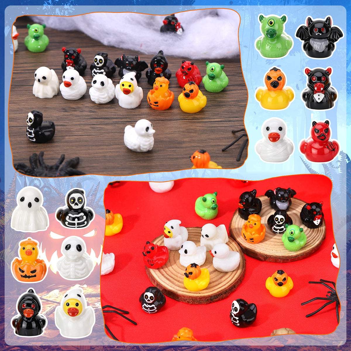 sixwipe 60 Pcs Halloween Mini Resin Ducks, 12 Styles Miniature Resin Ducks Bulk, Skeleton Pumpkin Witch Devil Ghost Tiny Duck Figures for Halloween Party Gift, DIY Craft