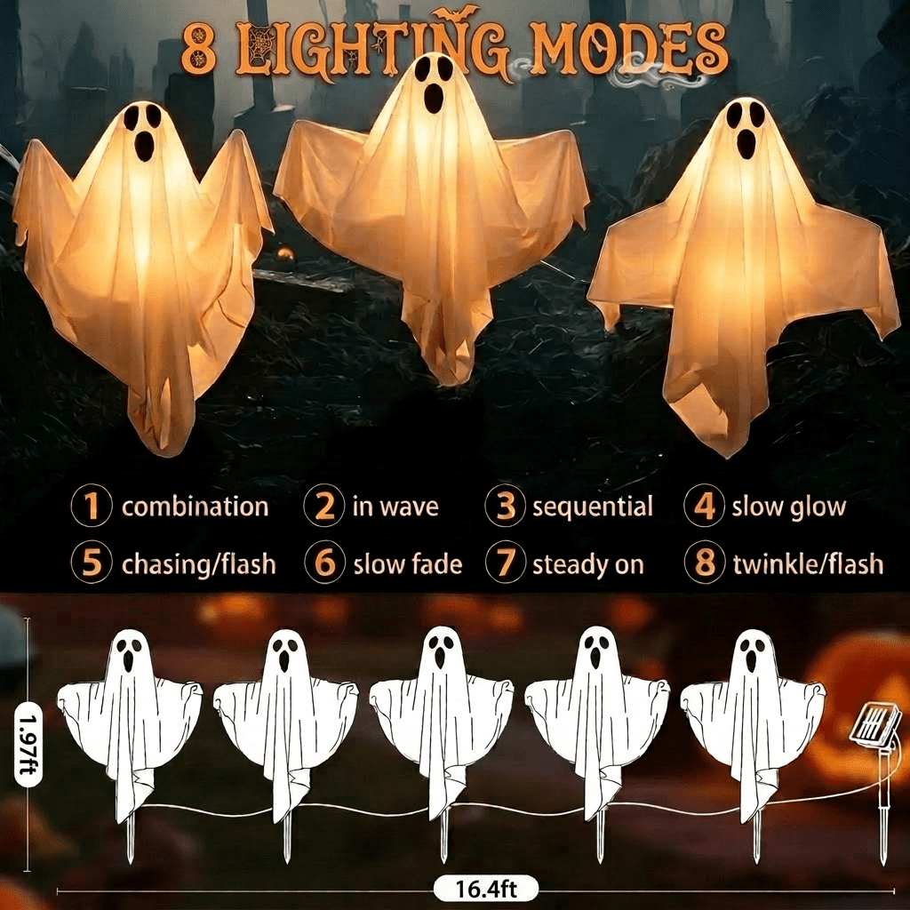 DAYBETTER Halloween Decorations Outdoor, 5pack Ghost Outdoor Pathway Light, 8 Lighting Modes, Warm White Led Lights for Porch, Yard, Halloween Party Decor
