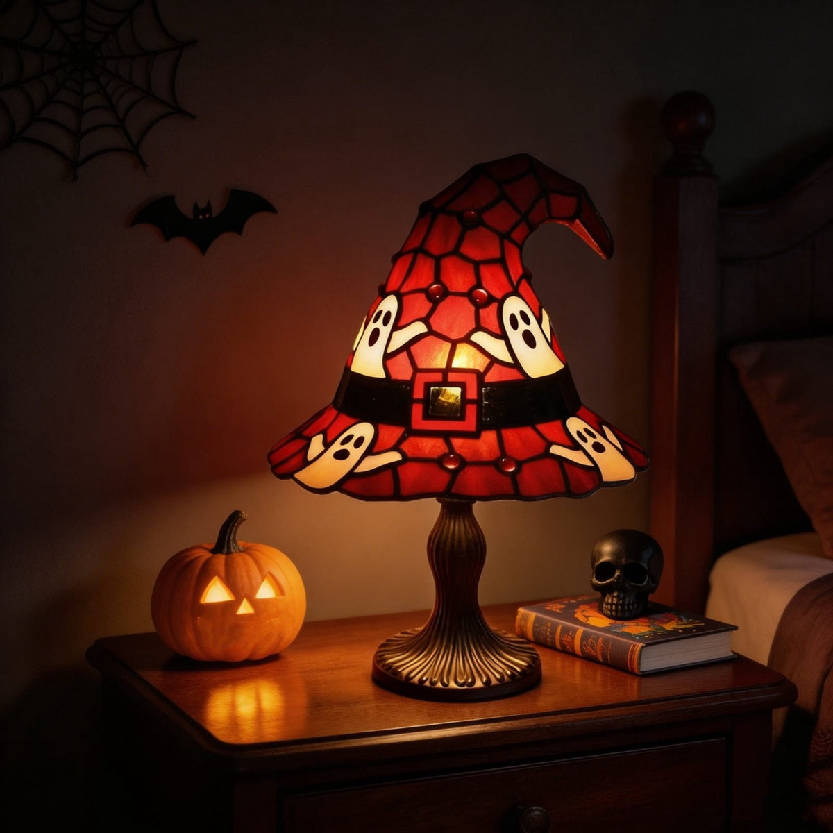 Stained Glass Witch Hat Lamp Gothic Halloween Lighting Decor, Vintage Witchy Hats Night Lights, Handcrafted Retro Resin Table Lamp for Bedroom, Living Room & Home Decor