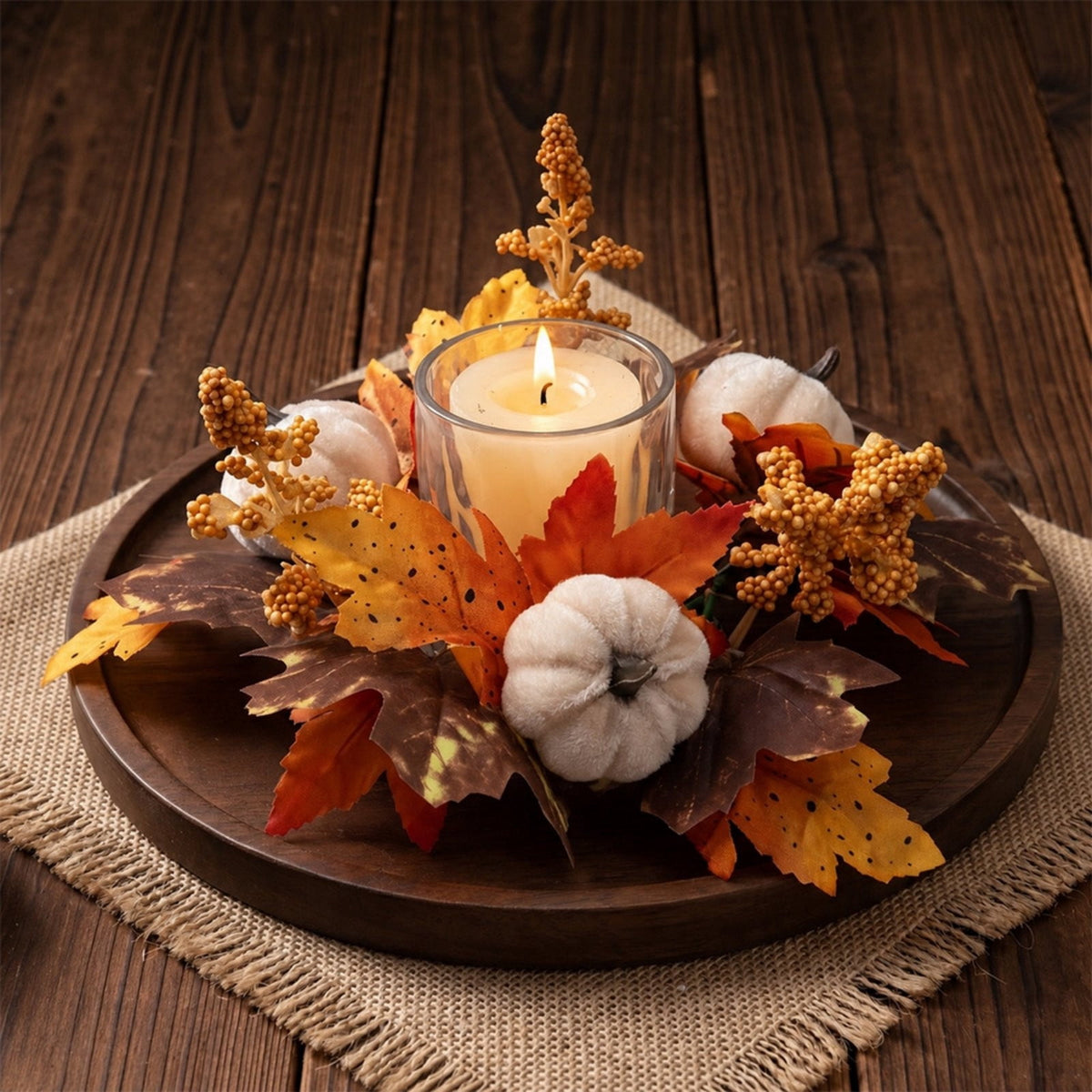 Fall Maple Leaf Front Door Wreath, Multicolor Plastic Seasonal Wreath for Halloween Thanksgiving Christmas Indoor Wall Fireplace Home Decor, 9.84 Inch