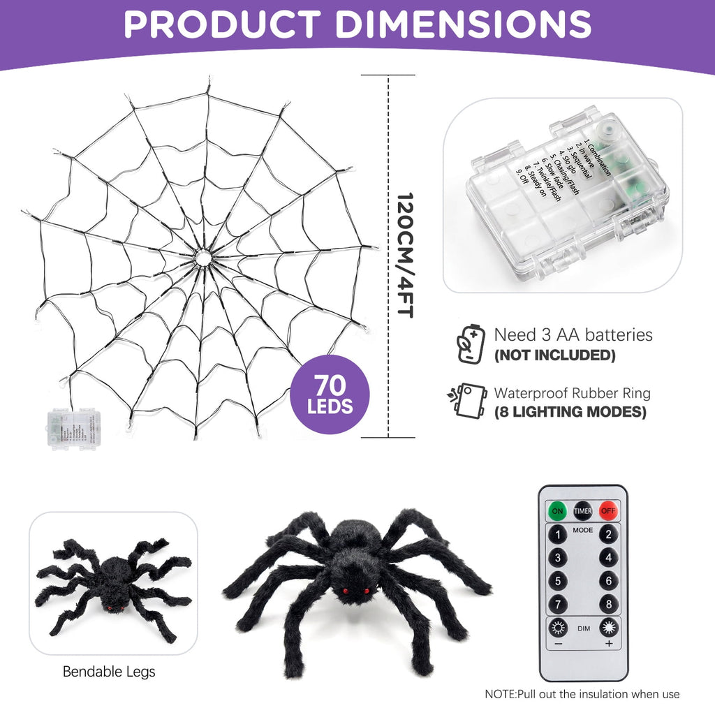 Ayieyill Halloween Spider String Lights,4FT 70 Purple LED with Realistic Spiders, 8 Lighting Modes , Halloween Decorations Indoor Outdoor