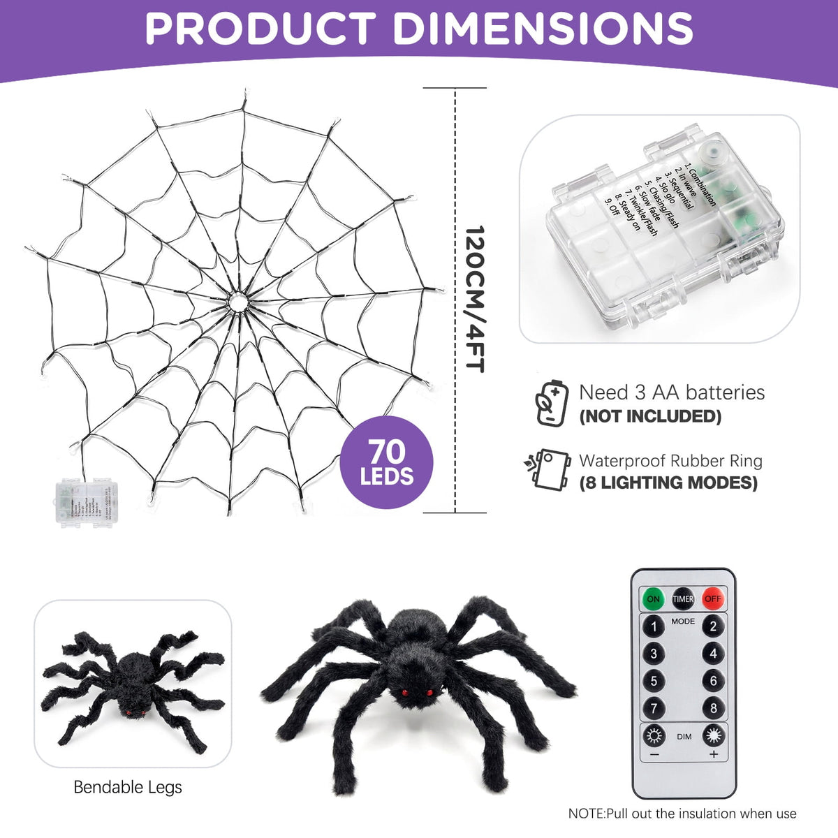 Ayieyill Halloween Spider String Lights,4FT 70 Purple LED with Realistic Spiders, 8 Lighting Modes , Halloween Decorations Indoor Outdoor