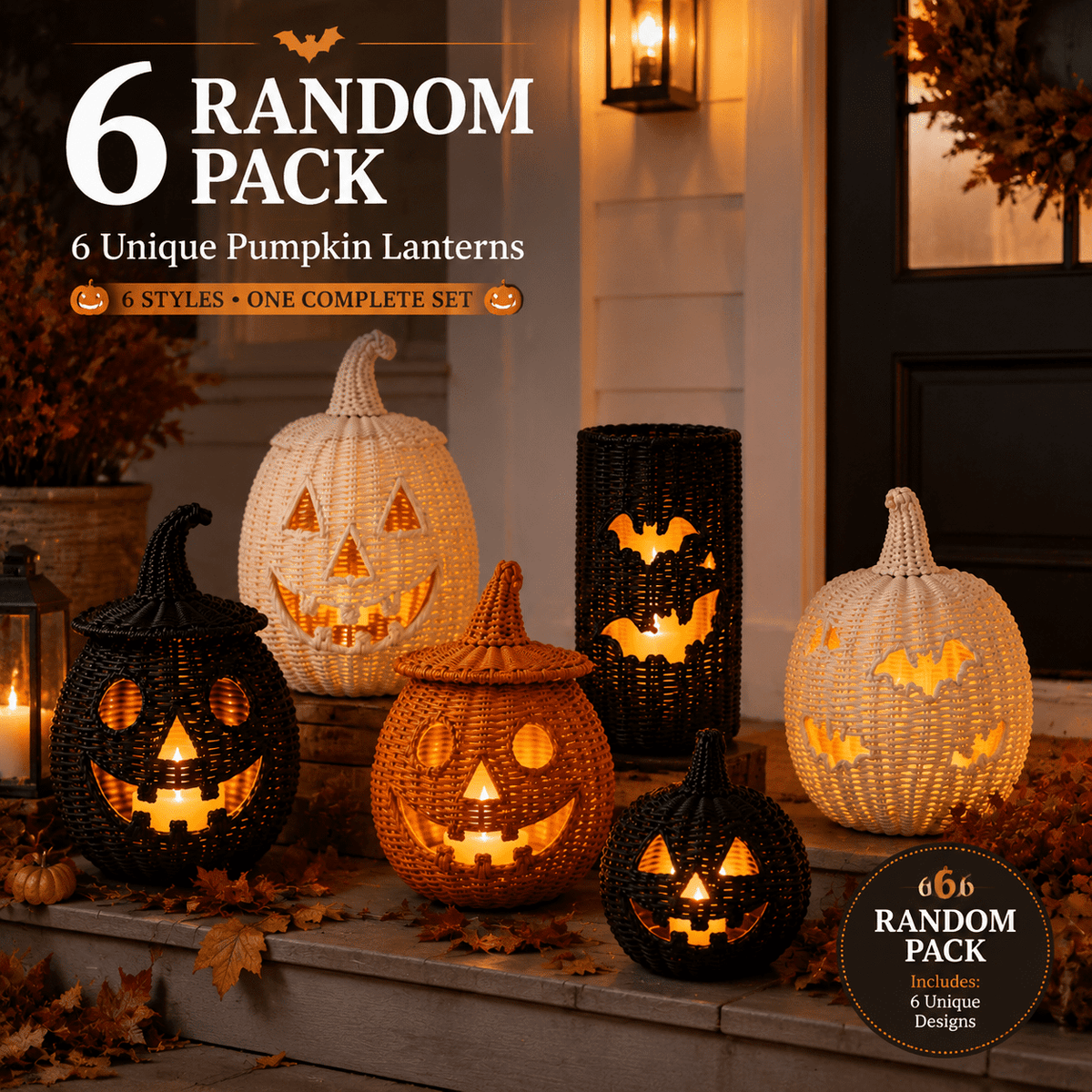 Aximioll Halloween Black Woven Jack-O-Lantern Pumpkin Decor, Hand Woven Rattan Wicker Style Statue, Trick or Treat Candy Bowl Lantern for Porch Entryway Fireplace Mantel Table, Black, 11 Inches