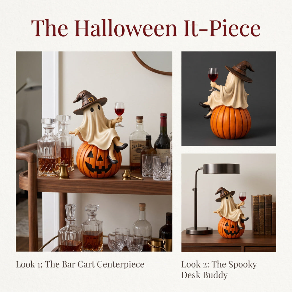 Ghost Decor, Halloween Figurines, Ghost Drinking Coffee Figurine, Witch on Pumpkin, Wine Glass, Spooky Home Accent