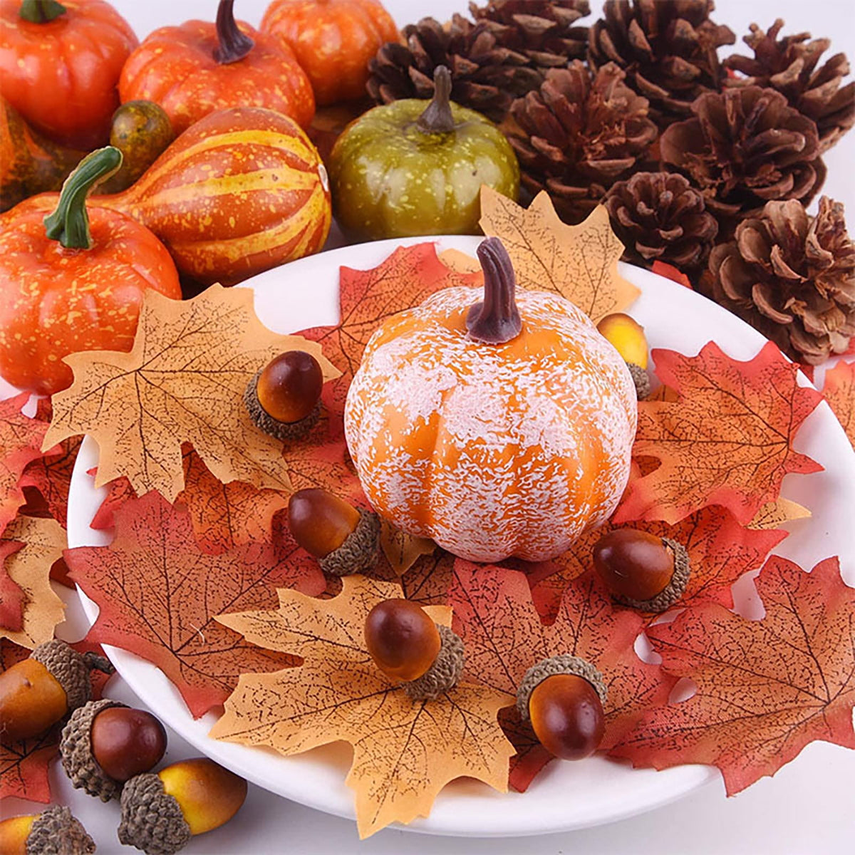 50PC Fall Artificial Pumpkin Decoration Set, Simulation Pumpkin Decor with Pinecone, Maple Leaf and Gourd, Fake Pumpkin Fall Table Decor, Thanksgiving Table Centerpieces for Wedding Party
