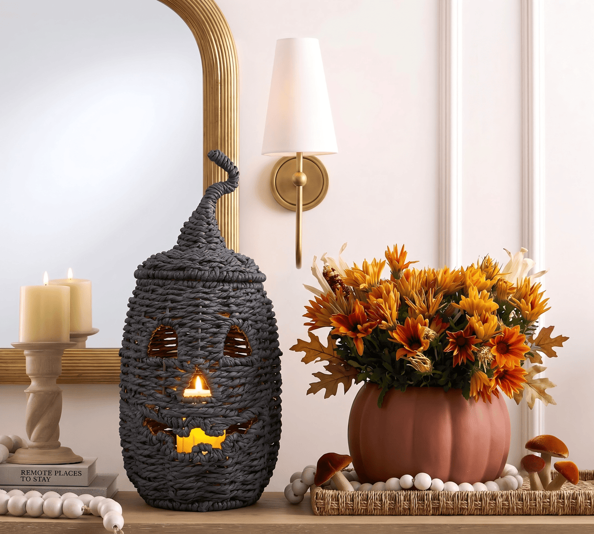 Guvpev 12" Handcrafted Woven Ghost - White Faux Rattan & Metal Ghost Figurine, Halloween Spooky Table Centerpiece & Fall Porch Decor for Indoor Outdoor