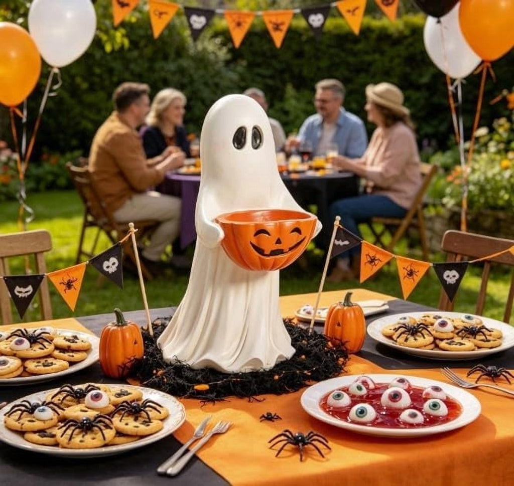 Halloween Ghost Candy Bowl Statue, 13.7" Resin Ghost Figurine Holding Pumpkin Candy Bowl, Outdoor Halloween Decorations for Front Porch, Indoor Yard Lawn Entryway Decor, Trick or Treat Candy Holder