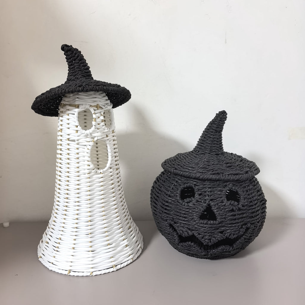 Handwoven Rattan Ghost Lantern with Witch Hat - 13.78 Inch White Wicker Ghost Decor, Light Up Halloween Decorations for Indoor Outdoor, Porch, Patio, Spooky Home Decor, Fall Harvest