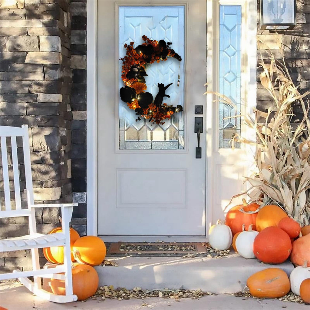 Moon Cat Wreath With Flowers And Charming Door Decoration Halloween Moon Cat Home Decor Gift Halloween Party Decorations For Cat Lovers With Lights Halloween Decorations