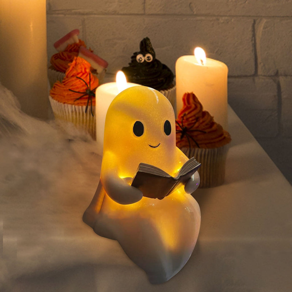 Halloween Ghost Figurine, Resin Lighted Ghost Ornament with Pumpkin Lantern & Beverage Cup, Tabletop Halloween Indoor Decor