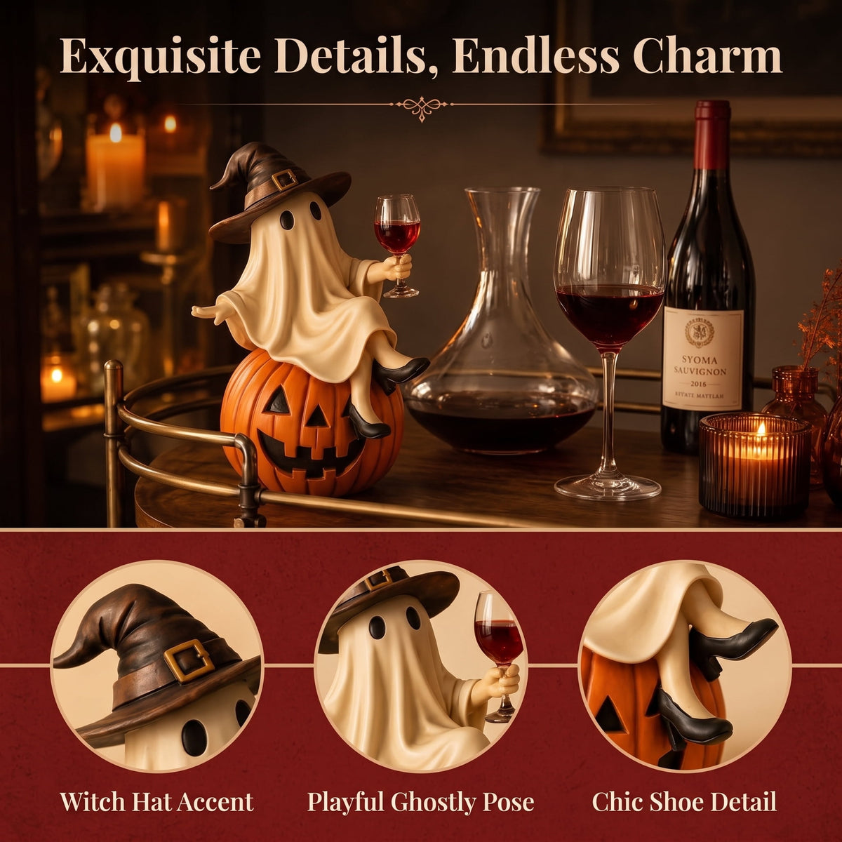 Ghost Decor, Halloween Figurines, Ghost Drinking Coffee Figurine, Witch on Pumpkin, Wine Glass, Spooky Home Accent