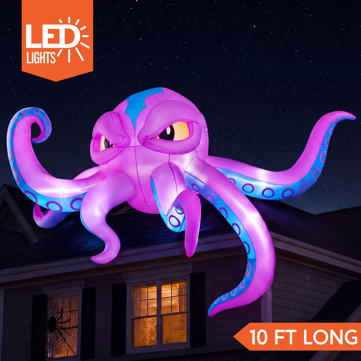 Joyfy 4 FT Halloween Inflatable Purple Octupos Head with Tentacles Broke Out from Window with Built-in LED Blow Up Inflatable for Window Decoration Yard Garden Lawn Decor