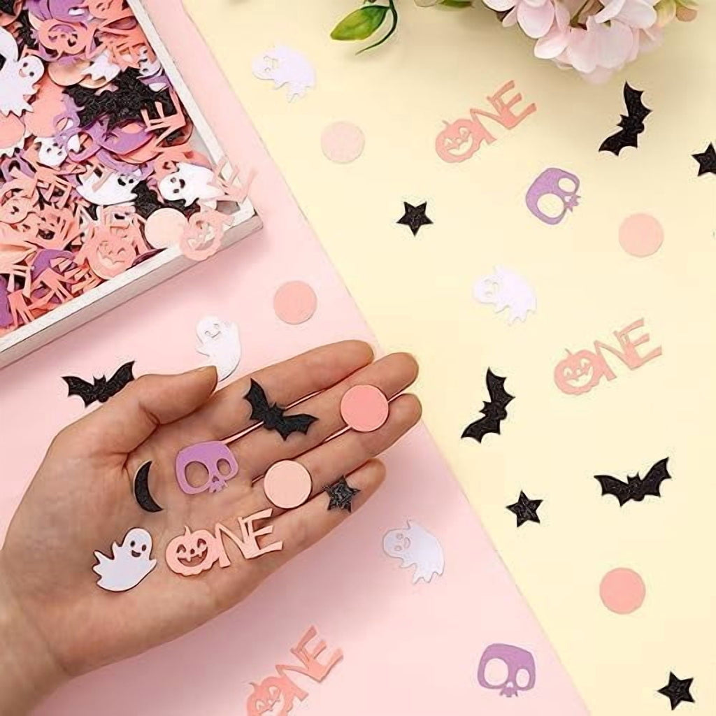 200 Piece Halloween 1st Birthday Confetti Pink Purple Pastel Bat Ghost Pumpkin Decorations for Spooky One Party