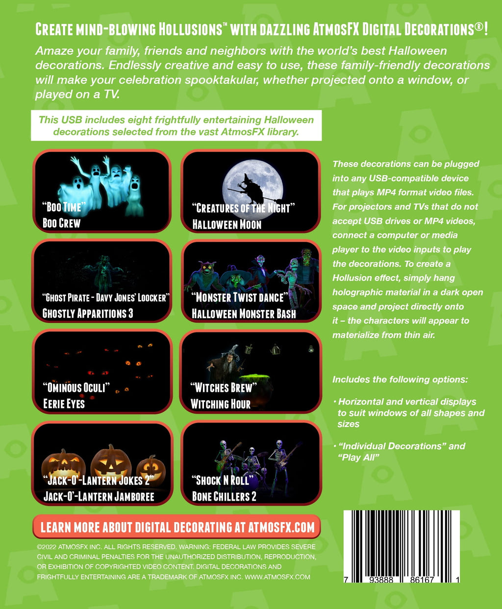 Reaper Brothers Halloween Hollusion Digital Decoration Kit Includes 8 AtmosFX Video Effects for Halloween Plus 5.5' x 9' Holographic Projection Screen