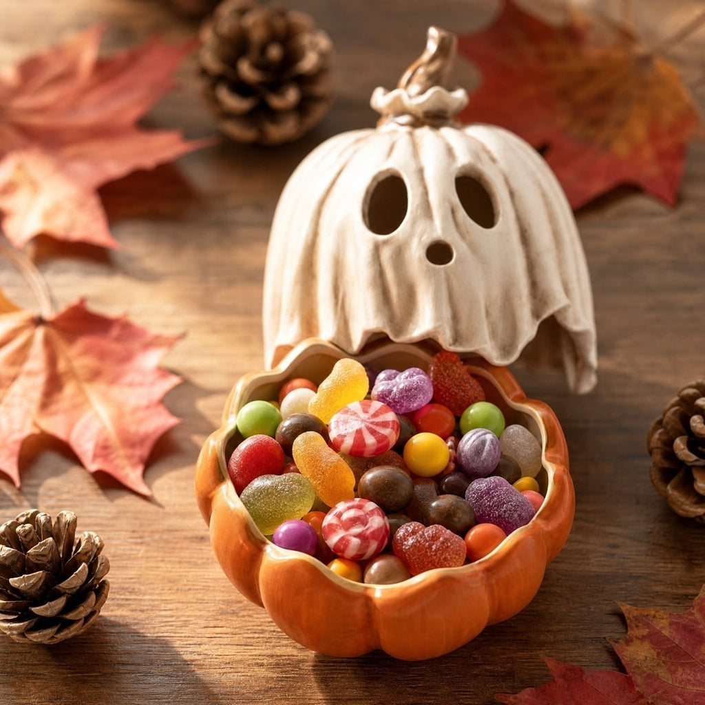 Halloween Ghost Pumpkin Candy Bowl - 2-Piece Detachable Resin Candle Holder, Spooky Jack-O'-Lantern Figurine with Ghost Cover for Tabletop Party Patio Indoor Outdoor Decor Halloween Decorations