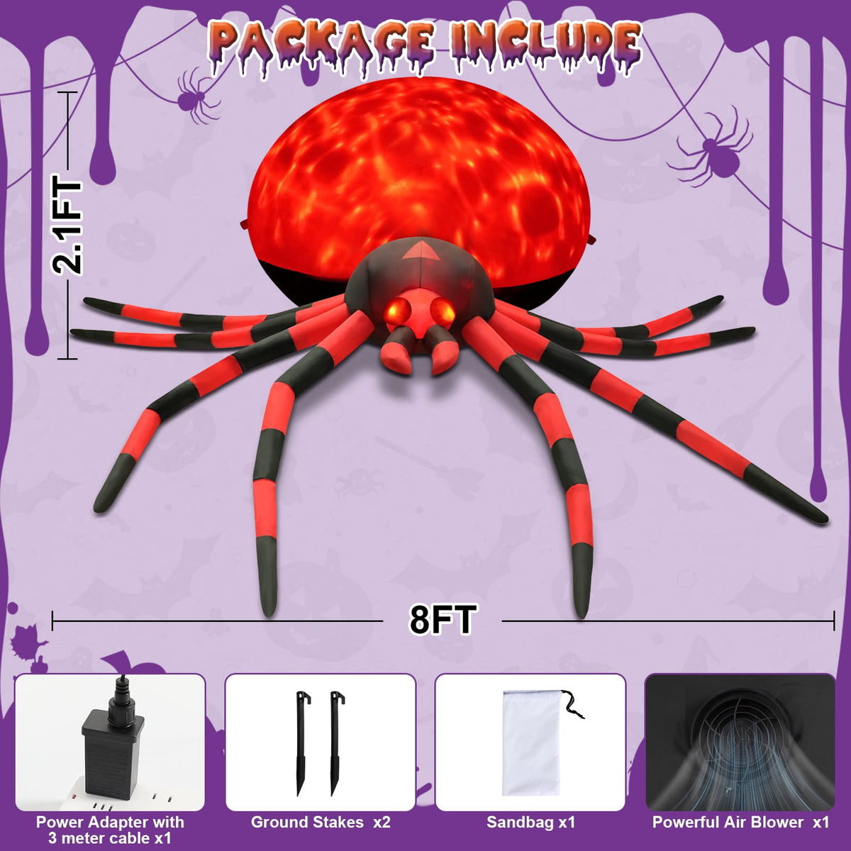 Yexmas 8FT Halloween Inflatables Outdoor Decorations Giant Spider Decorations with LED Lights and Air Pump Blow up Inflatable, Purple