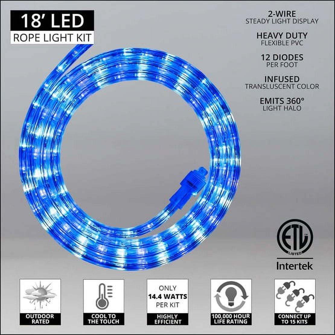 18 ft. LED Warm White Rope Light Kit, 216 Lights, Connectable Ready-to-Install Christmas Decorative Party Lighting, Mounting Clips Included