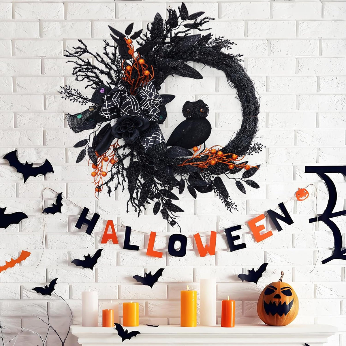 Lumiparty 20" Halloween Wreath, for Front Door, Natural Vine Base, Artificial Roses, for Holiday Decoration