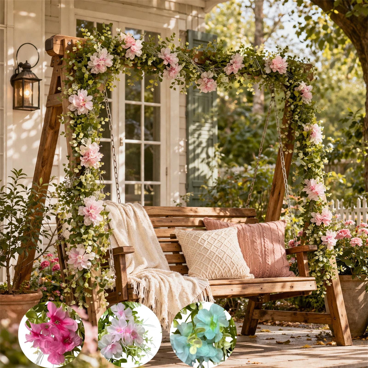 Spring Artificial Flowers Garland, 70 inch Fake Eucalyptus Vine Cherrys Blossoms Hanging Garland Rattan for Mantle Fireplace Wedding Indoor Outdoor Home Decor