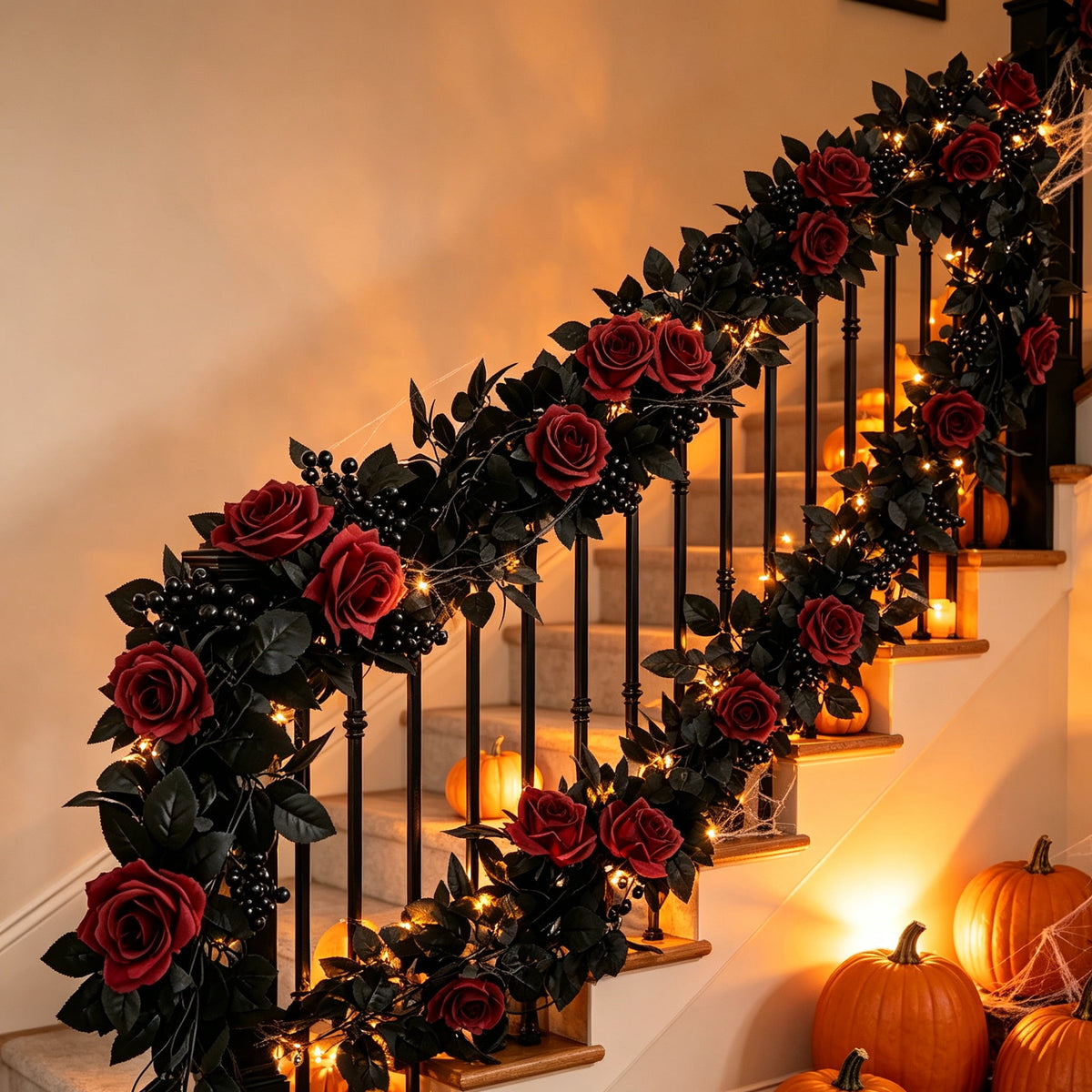 Halloween Black Garland with LED Lights 70.87 Inch Gothic Foliage for Mantel Stair Halloween Party Home Indoor Decor
