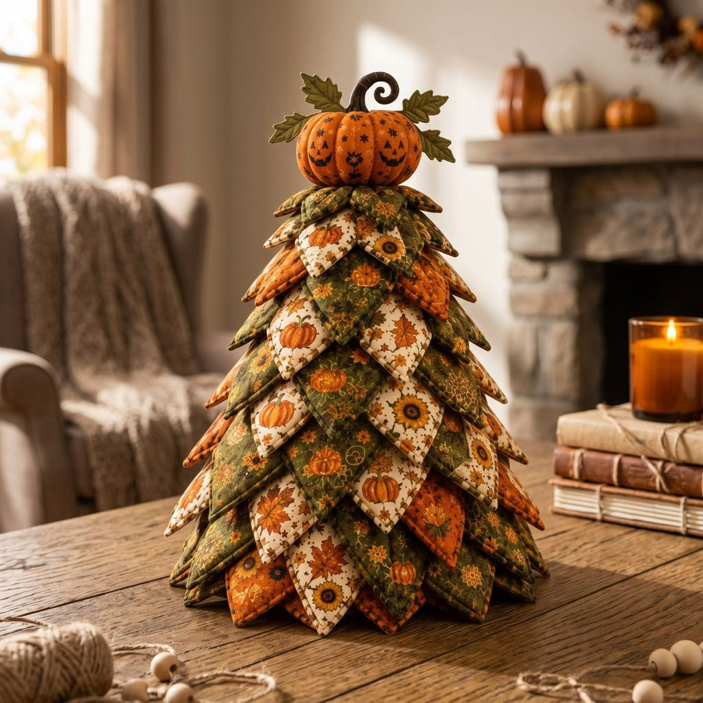 Lypsnake DIY Halloween Quilted Fabric Tree Kit, Vintage Pumpkin Sunflower Patchwork, 3D Padded Sewing Craft Project for Autumn Harvest Decor